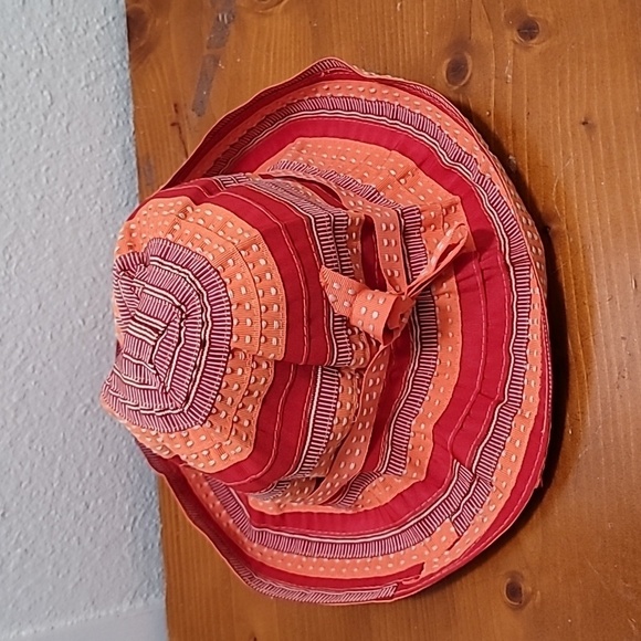 COLD WATER CREEK WOMEN'S WIDE BRIM SUN HAT ORANGE/RED RIBBON PACKABLE BEACH - Picture 3 of 7
